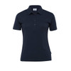 Navy blue women's polo shirt with a collar and button placket, featuring a logo on the garment.