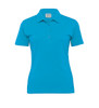 A women’s polo shirt in a bright blue colour with a collar and a logo. Short sleeves and a fitted style.