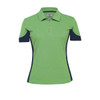 A women's polo shirt in green with navy blue accents, featuring a quarter zip and a logo.