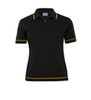 A women's black polo shirt featuring yellow trim and a zippered collar, with a logo on the chest.