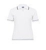 A white women's polo shirt with short sleeves and navy trim, featuring a zip collar and a logo.