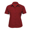 A women's short-sleeved button-up shirt in a rich red colour, featuring two chest pockets and a logo.