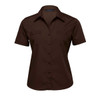 A brown button-up shirt featuring short sleeves and two chest pockets. The design includes a logo.