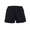 Black youth rugby shorts featuring an elastic waistband and a secure fit. Includes a logo.