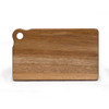 A wooden cheese board in a natural finish, featuring a rounded edge and a hole for hanging.