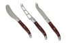 A set of three cheese knives with stainless steel blades and polished wooden handles.