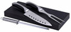 A stainless steel carving set featuring a knife, fork, and honing steel on a black wooden base.
