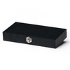 A black wooden box with a metal clasp, designed for storing a knife set.
