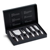 A six-piece cheese knife set in a sleek black box, featuring various stainless steel knives for cheese serving.