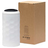 A drink bottle in white with a textured surface, next to a plain brown box. Features a lid and branding.