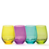 A set of four wine glasses in yellow, purple, turquoise, and green, featuring a smooth, curved design.