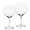 A glass set featuring two clear, stemmed wine glasses with a wide bowl design.