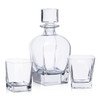 A drink bottle and two matching glasses in clear glass, featuring a classic design with a stopper.