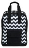 A black and white chevron-patterned cooler bag with a front pocket and mesh side pockets. It has two sturdy handles.