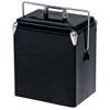 A drink bottle cooler box in black with a silver handle and lid, featuring a sleek retro design.