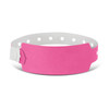 A bright pink plastic event wristband featuring a secure adjustable clasp and perforated design for comfort.