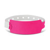 A pink plastic event wristband with a white strap and a fastening button, featuring multiple holes.
