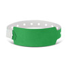 A green plastic event wristband featuring a secure snap closure and multiple perforations for adjustable fit.