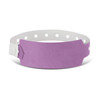 A plastic event wristband in a lavender color with a white adjustable fastening and perforated design for secure wear.