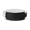 A plastic event wristband in black, featuring a customizable area and a secure closure with multiple sizing holes.