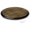 A round wooden Lazy Susan with a dark border, featuring a rustic finish and accompanied by two small stabilising pads.