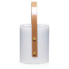 A white speaker lamp with a brown leather handle and gold buttons, featuring a sleek cylindrical design.
