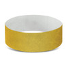 A yellow Tyvek event wristband with a textured finish, featuring a simple design and no visible logos.