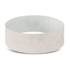 A white Tyvek event wristband with a textured appearance, featuring a smooth interior. It has a logo on it.