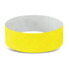 A bright yellow Tyvek event wristband with a smooth texture and a white inner surface, featuring a logo.