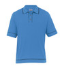 A blue men's polo shirt with short sleeves, featuring a contrasting black trim and three buttons at the collar.