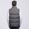 A grey puffa vest with a high collar, viewed from the back, featuring a padded design and a logo.