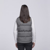 A grey puffa vest viewed from the back, featuring a quilted design and a subtle logo.