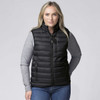 A black baffle vest is worn by a person, featuring zippered pockets and a high collar, against a plain background.