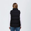 A black puffa vest with a high collar, featuring a branding logo, viewed from the back.