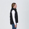 A side view of a black puffa vest with a high collar and zippered pockets, featuring a logo.