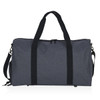 A grey duffle bag with black straps and a shoulder strap. It features a logo on the side.