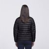 A black puffer jacket with a quilted design, viewed from the back. The jacket includes a logo on the back.