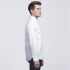 A white button-up shirt for men, featuring a simple design and a branding logo.