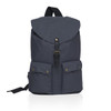 A dark grey backpack with a flap closure, featuring two front pockets and a logo.