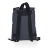 A grey backpack with black straps and a logo on the back.