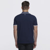 A navy blue polo shirt with contrasting white trim, featuring a logo on the back.