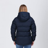 A navy blue puffa jacket featuring a hood, with a fitted design and puffy sections. It has a branding logo.