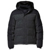 A black and grey jacket with a hood, featuring a quilted design and a logo on the chest.