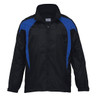 A black jacket with blue spliced panels, featuring a front zip and a logo.