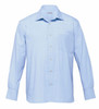 A light blue button-up shirt featuring long sleeves and a chest pocket, with a logo on the label.