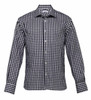 A black and white check button-up shirt with long sleeves and a collar, featuring a logo.