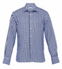 A navy and white check shirt featuring a button-up front and long sleeves. It has a logo on the collar.