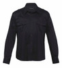 A black button-up shirt featuring long sleeves and two chest pockets, with a logo on the inside.
