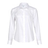 A white button-up shirt for women with long sleeves and a collar, featuring a logo.