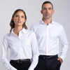 A women's white button-up shirt displayed on a model, featuring a collar and a fitted design. The shirt has a logo.